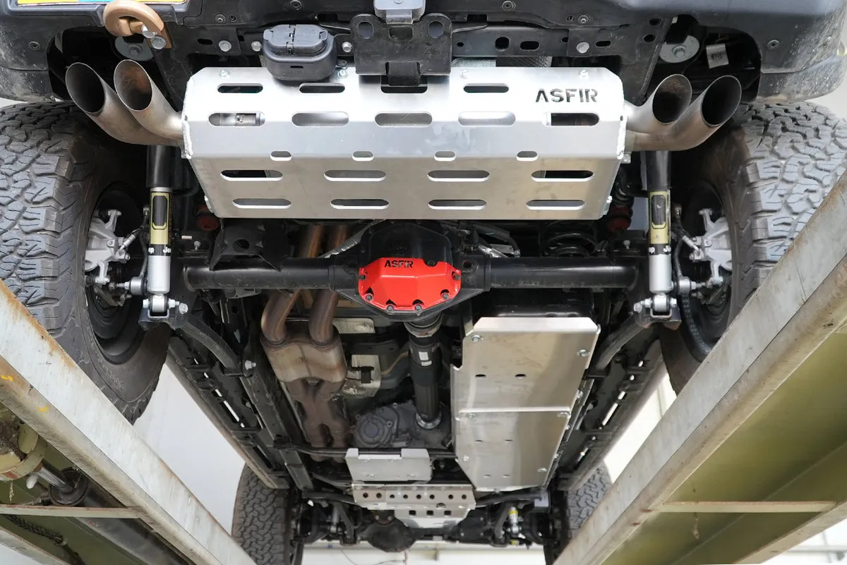 Full ASFIR skid plate kit installed under a lifted 4x4